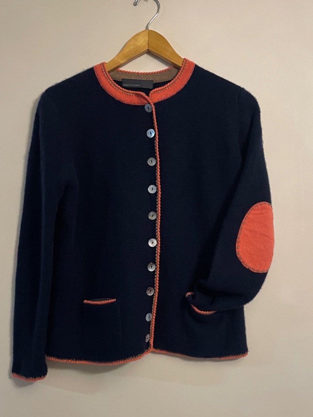 Pierre Claire 100% Cashmere Cardigan navy Orange Elbow patches Germany Women’s M